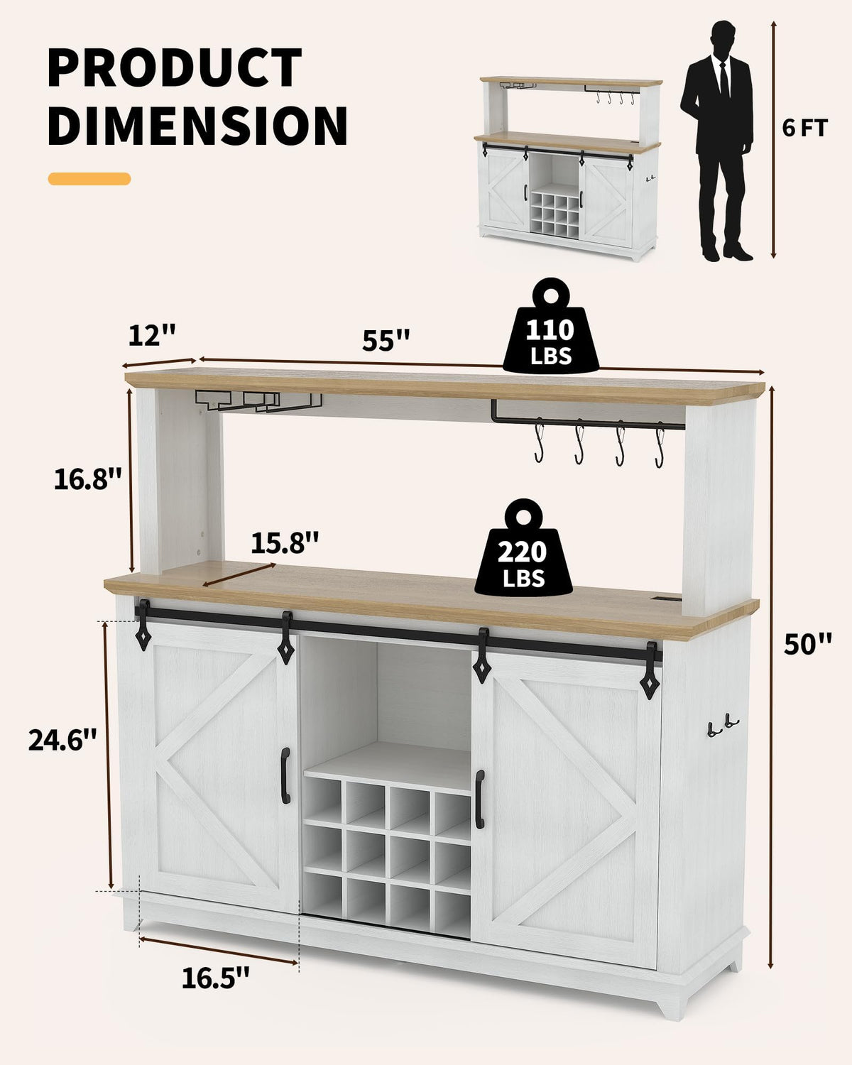 55 in Farmhouse Coffee Bar Cabinet with 3-Mode LED Light and Power Outlet - Large Kitchen Hutch with Sliding Barn Door - Wine Cabinets with Storage Drawers and Wine Glass Rack for Home and Living Rome