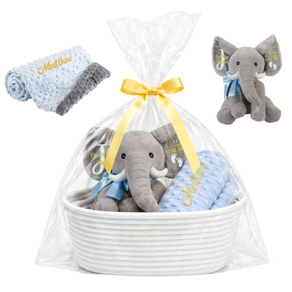Dyoart Personalized Woven Basket with Gift Bags & Ribbons, Decorative Basket with Elephant Stuffed Animal and Blanket Set, Handle Storage Basket for Nursery Toy Pet, Birthday Baby Shower Gifts Set