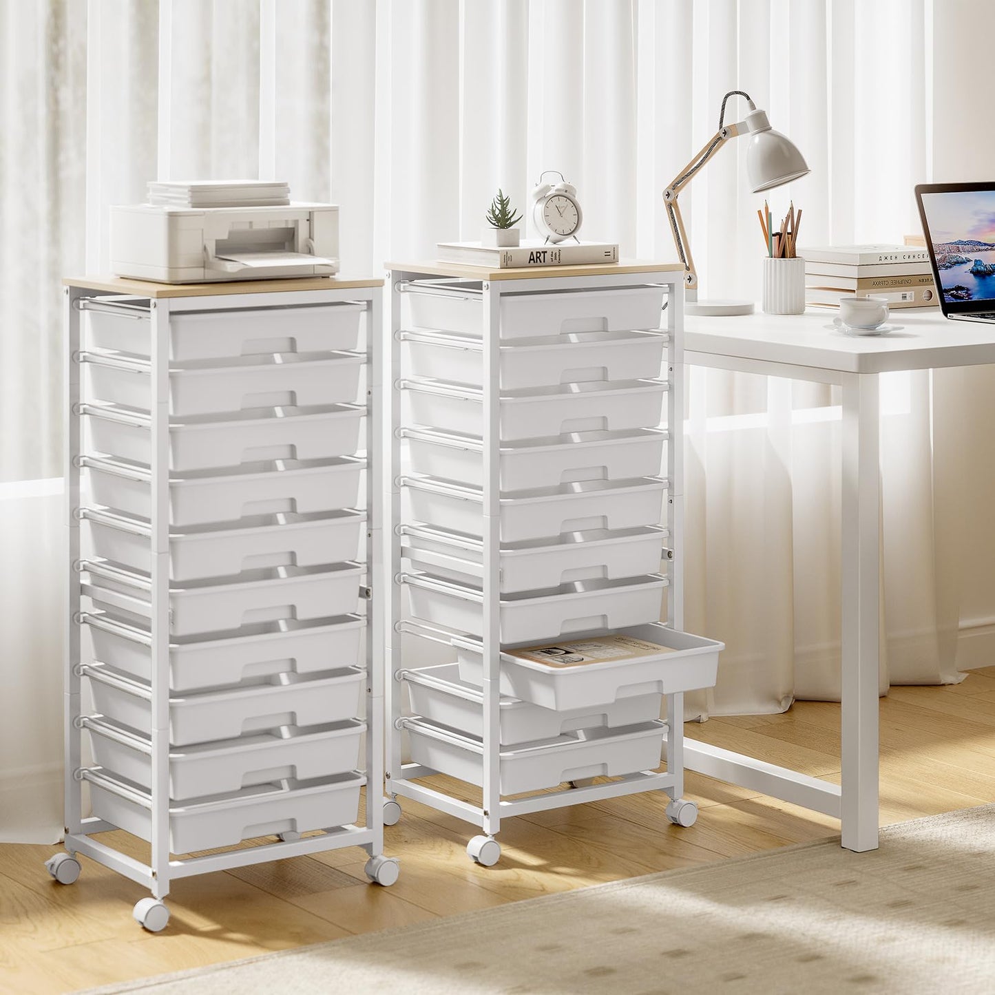 SYKIARIOL Rolling Cart with Drawers,10 Drawer Rolling Cart,Storage Cart with Wheels,Utility Cart with Drawers,Teacher Cart for Classroom Storage,Craft Cart with Wheels and Wooden Tabletop,White