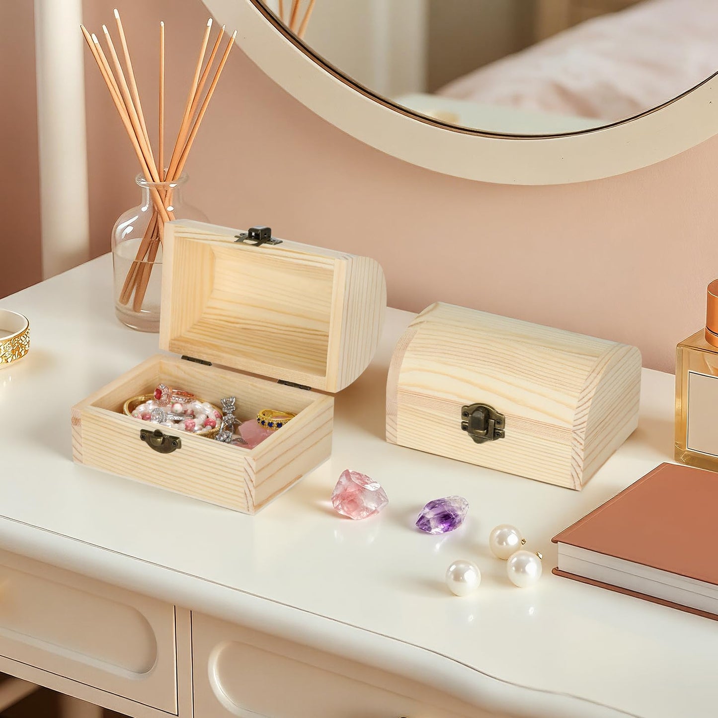 BAOPEND 2 Pieces Unfinished Wooden Treasure Box with Hinged Lid, Small Wood Storage Box for DIY Crafts, Jewelry, Keepsakes, Home Decor (2*Large)