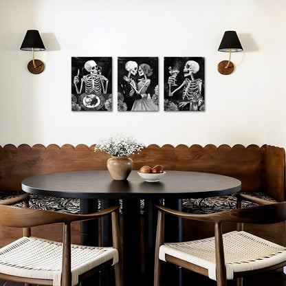FuShvre Skeleton Kitchen Decor Black and White Skeleton Canvas Art Pictures Gothic Dining Room Decor Framed 12x16 inch (Black)