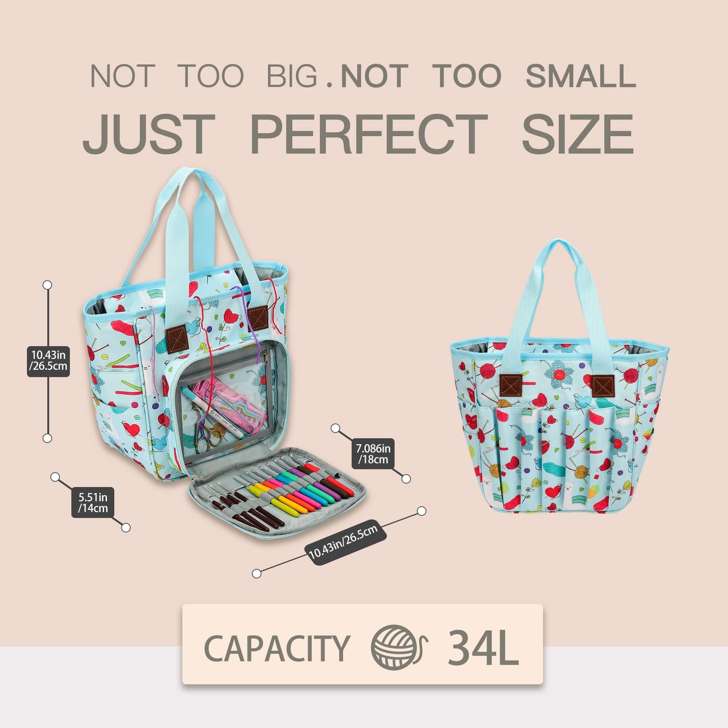 LOOEN Yarn Knitting Storage Tote-Large Capacity Crochet Organizer Portable Travel Bag with Shoulder Strap Crochet Hooks Case for Unfinished Bulk Project