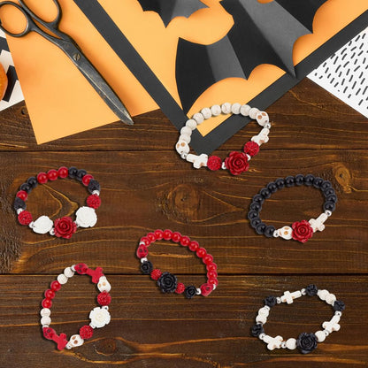 SUNNYCLUE 1 Box DIY 6 Sets Bracelet Making Kits Gothic Halloween Beads Black Red Skull Cross Beads Polymer Clay Rhinestone Loose Spacers for Jewelry Making Kits Crafts Gift Women Adults Supplies