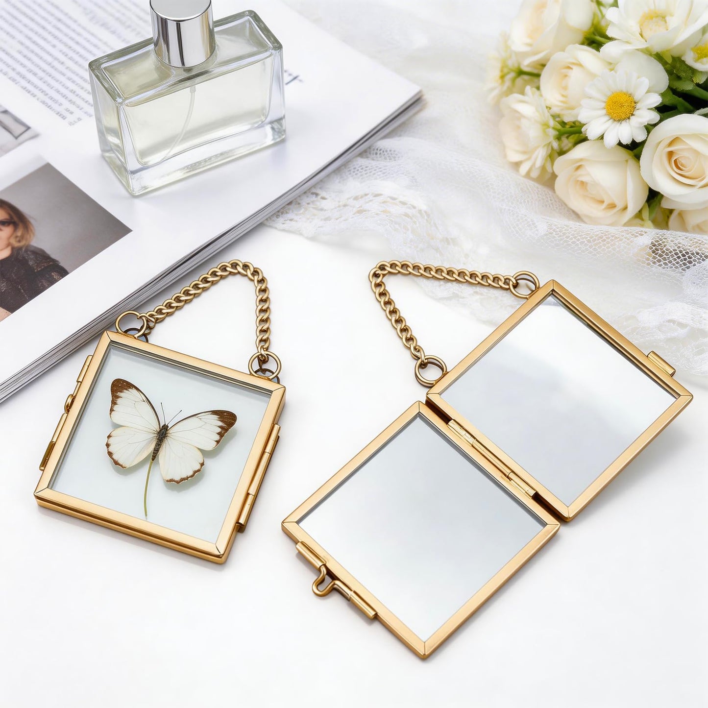 Orepzinc 4 Pcs Mini Brass Wall Hanging Photo Frame, Square Glass Hanging Picture Artwork Display Frame, Double Glass Floating Frame Style Gallery Wall for Picture, Pressed Flower (3.5x3.5 inch)