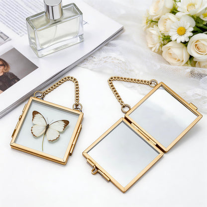 Orepzinc 4 Pcs Mini Brass Wall Hanging Photo Frame, Square Glass Hanging Picture Artwork Display Frame, Double Glass Floating Frame Style Gallery Wall for Picture, Pressed Flower (3.5x3.5 inch)