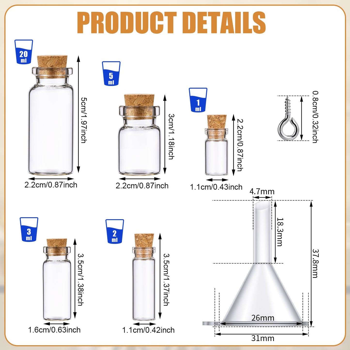 Sherli 45 Pcs Mini Tiny Glass Jars Small Bottles with Cork Stoppers Spell Jars with Eye Screws and Funnels Tiny Cork Glass Bottles for DIY Art Craft (1ml, 2ml, 3ml, 5ml, 10ml)