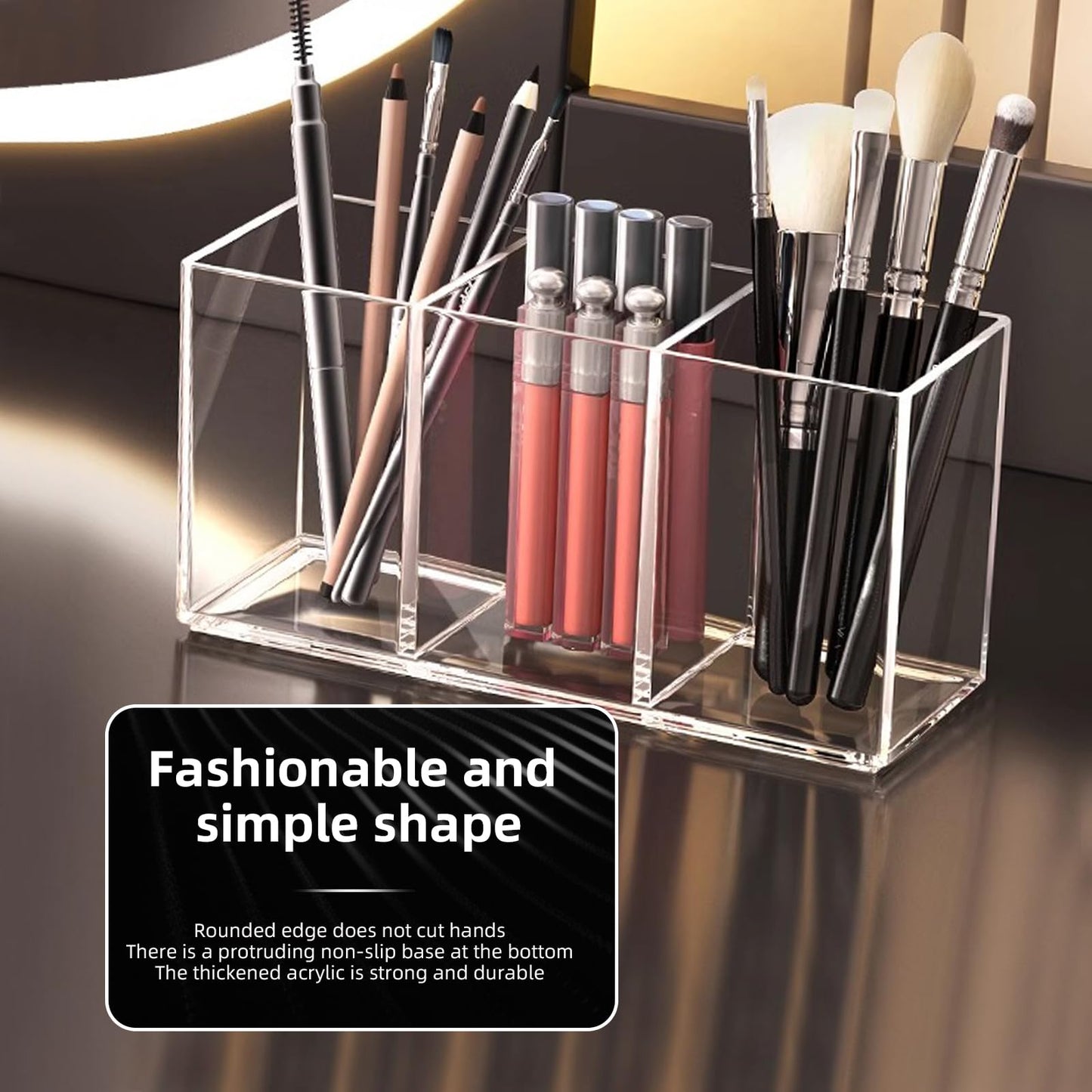 eieioo Acrylic Makeup Brush Holder, 2 Pack Clear Pencil Holder, Desk Accessories Holder with 3 Compartments, Brush Organizer for Vanity, Desk, Cosmetic Display