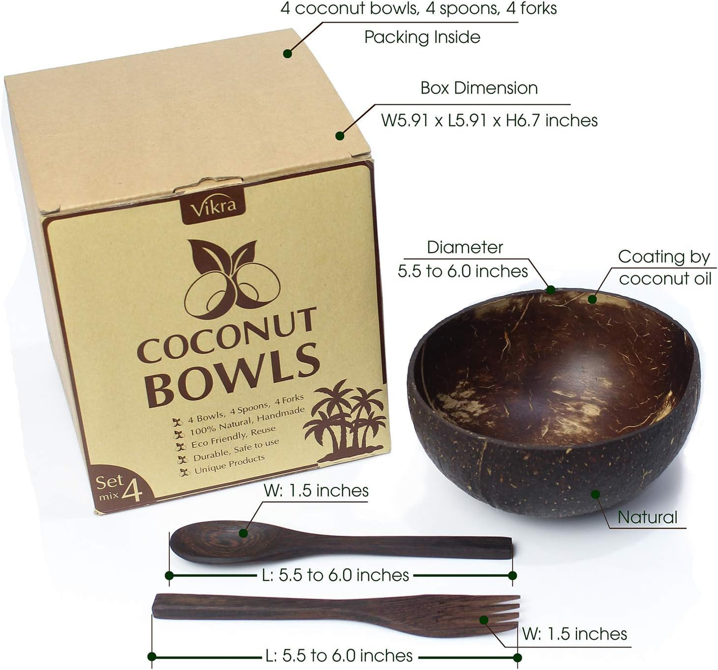 Vikra Set of 4 Vietnamese Coconut Bowls with Spoons and Forks, 100% Natural Handmade Eco-Friendly Kitchen Bowls
