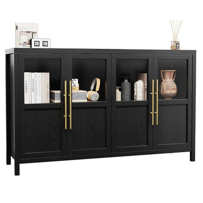 GarveeHome Sideboard Buffet Cabinet with 4 Glass Doors, 55 in Buffet Table Coffee Bar Wine Bar Display Cabinet for Kitchen Dining Room, Living Room (Glass with 4 Doors, Dark)