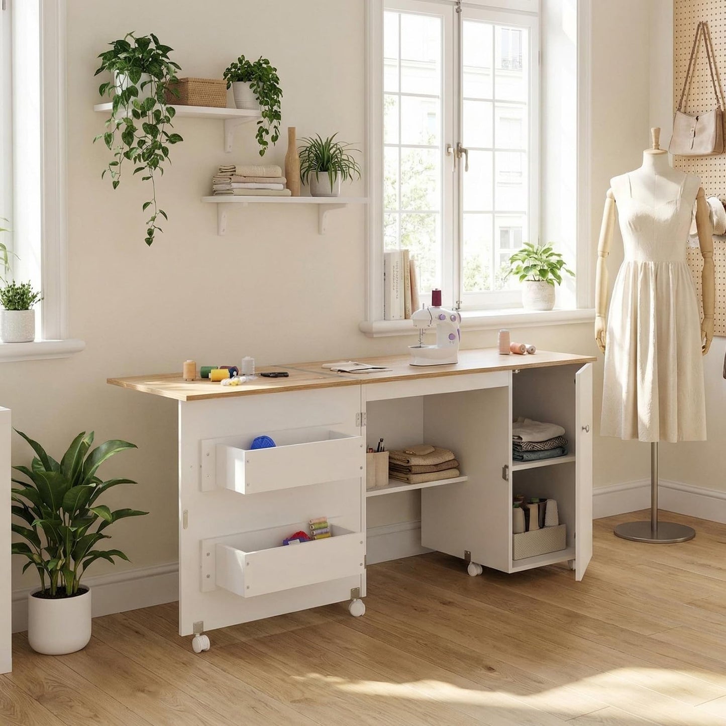 Large Folding Sewing Table, 63" x 19" x 29.5" Multipurpose Portable Craft Station & Side Desk with Compact Design, Caster Wheels, Storage Shelves, 2 Storage Trays, Magnetic Doors, White + Natural
