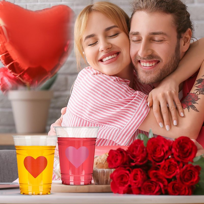 Moinchore 100 Pcs 12 oz Valentines Heart Plastic Cups Clear Disposable Heart Wine Cups Bulk for Galentine's Day Iced Coffee Drinking Ice Cream Wedding Party Supplies (Pink,Red)