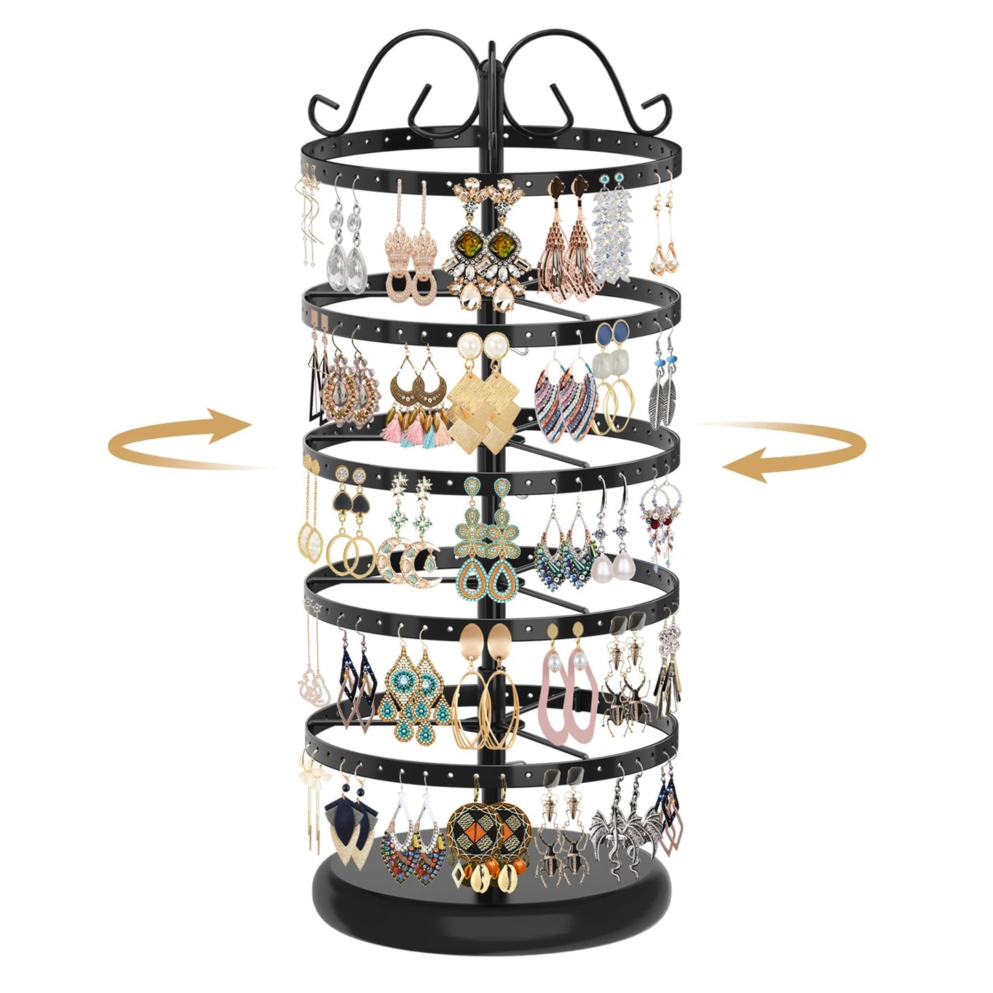 MODOWEY Rotating Earring Holder Organizer Stand, 5 Tier Metal Tree Display for Women Vendors, 220 Holes Adjustable Jewelry rack for Stud Hoop Dangle Storage, Trendy Carousel Keeps Dresser Neat, Black