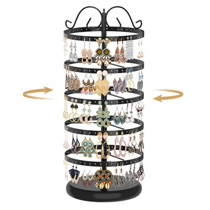 MODOWEY Rotating Earring Holder Organizer Stand, 5 Tier Metal Tree Display for Women Vendors, 220 Holes Adjustable Jewelry rack for Stud Hoop Dangle Storage, Trendy Carousel Keeps Dresser Neat, Black