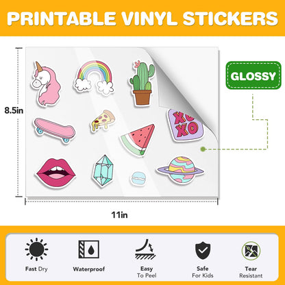 100 PCS Sticker Paper for Inkjet Printer, Printable Vinyl Sticker Paper Dries Quickly Vivid Colors, 8.5"x11" Tear Resistant Printable Vinyl, Glossy White, Inkjet & Laser Printer