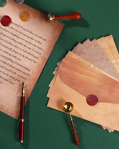 Comealltime 42Pcs Vintage Paper and Envelopes Set, 15 Stationary Letter and Envelopes, 8 Wax Seal Sticks, Wax Spoon, Life Tree Stamp and 2 Tea Candles for Xmas Wedding Party Invitation Love Letter