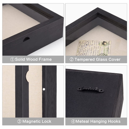 SZQINJI 8x10 Shadow Box Frame Memory Box Flower Shadow Box Display Case with Linen Back Glass Magnetic Door for Memorabilia Awards Medals Photos Rustic Black Wall and Tabletop