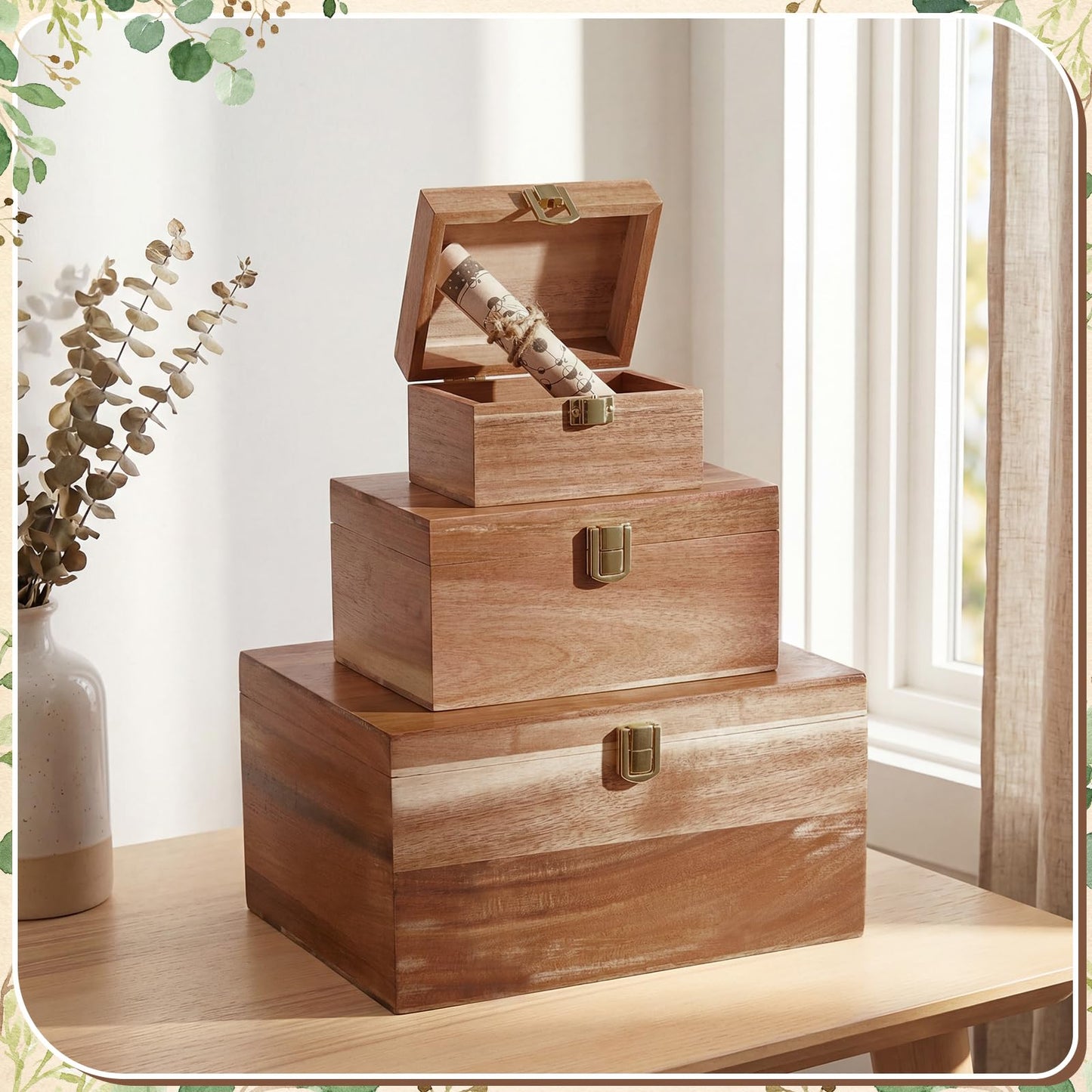 Novabright 3 Pack Wooden Keepsake Box, 3 Size Handmade Decorative Treasure Chest Box, Gift Ideas for Men & Women Jewelry Rings Storage(Brown,Acacia,Simple)