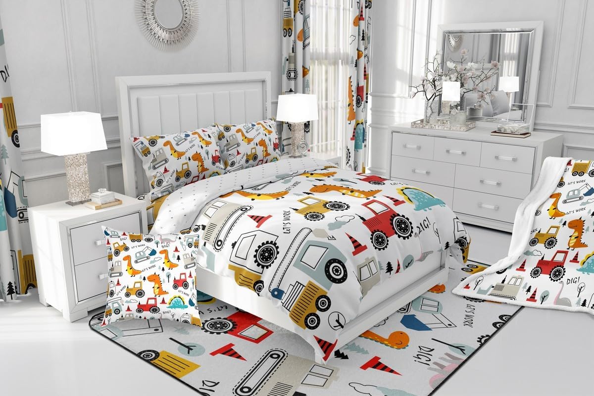Set Set Set Set Set Feelyou Construction Comforter Kids Cartoon Dinosaur Comforter Cover for Boys Equipment Trucks