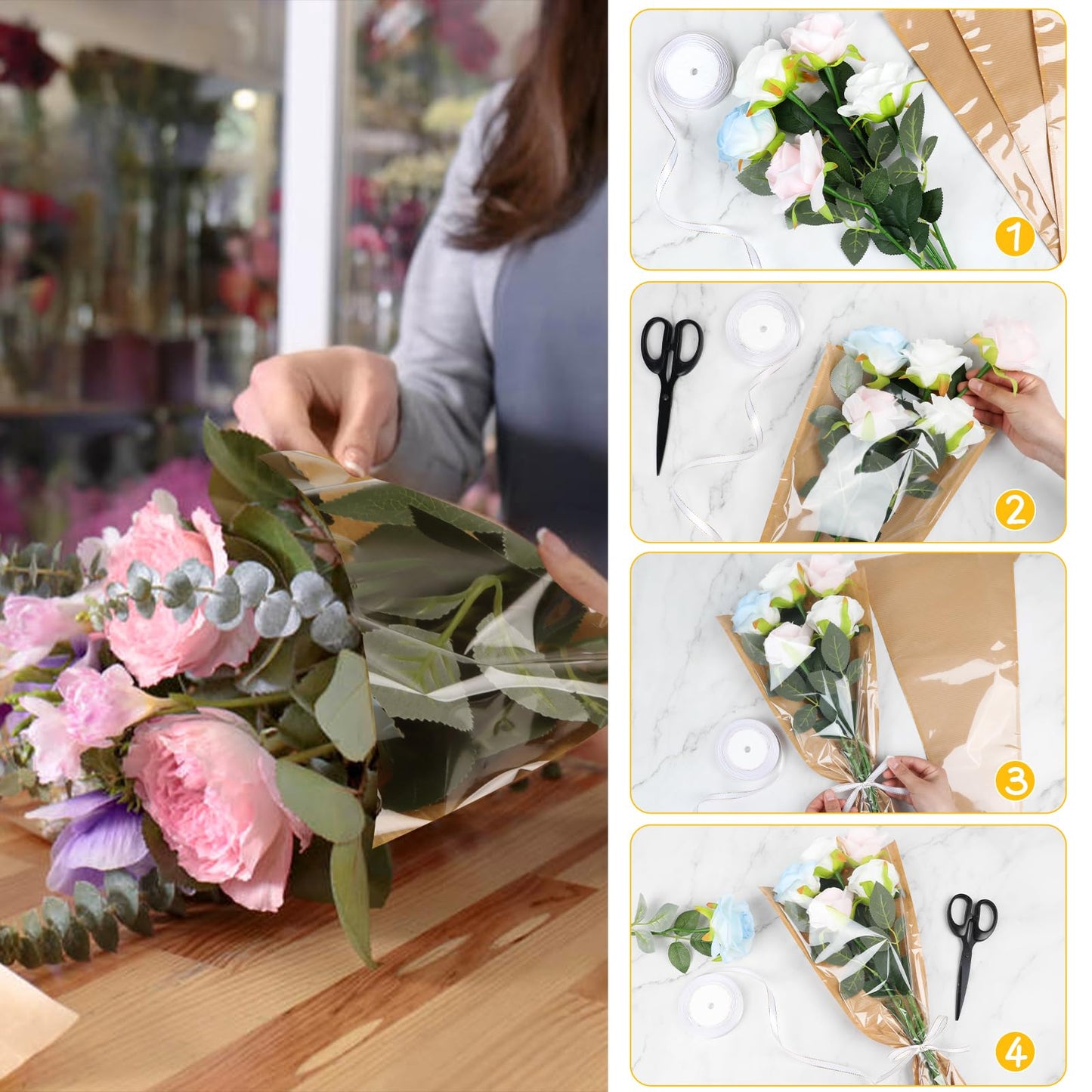 DIYASY 50 Pcs Flower Wrapping Bags for Bouquets, Kraft Paper Floral Packing Sleeves with Ribbons Florist Wrap Supplies for Wedding Mother's Day Graduation Gift 9.8x3.9x17.9 Inch