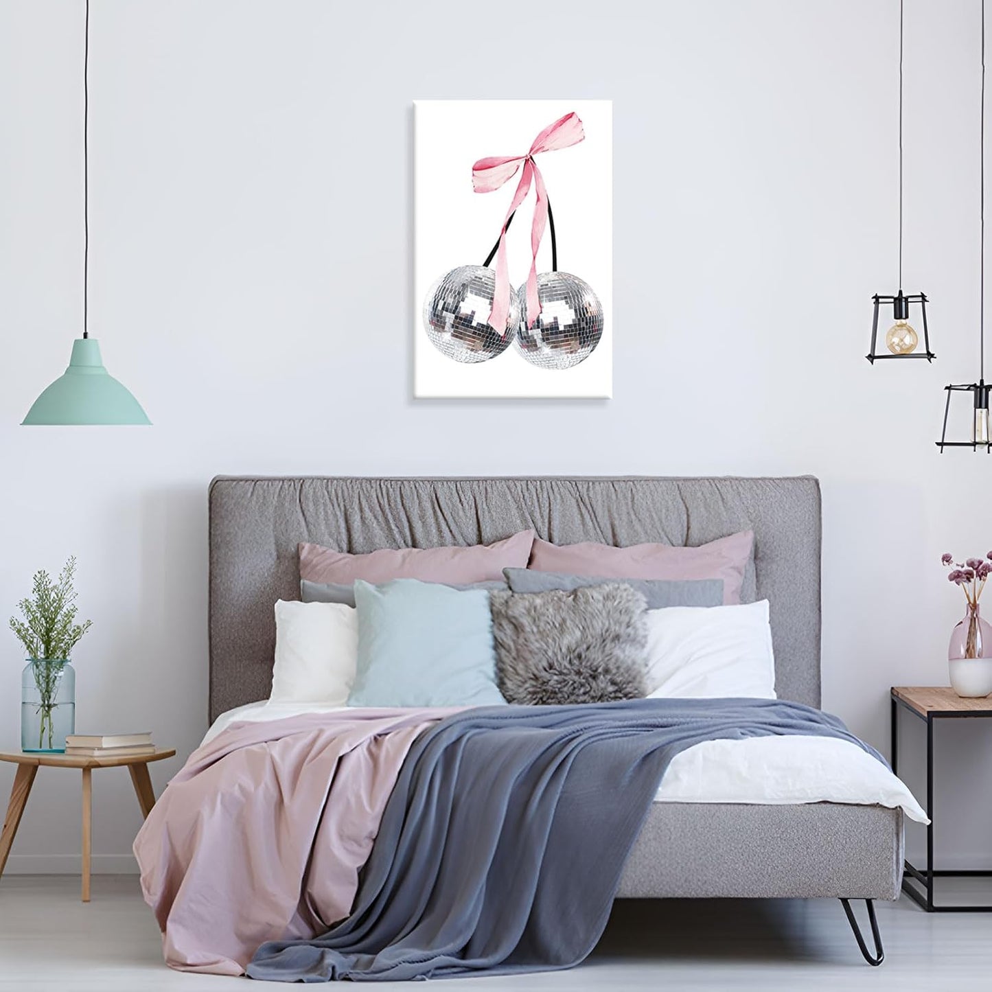 Generic 8x12in Vintage Disco Bow Posters White Cherry Canvas Wall Art Funky Coquette Pink Bow Preppy Aesthetic Prints