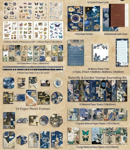 Vintage Scrapbook Journal Gift Set – Butterfly Garden Aesthetic Junk Journal Kit, 125 PCS Ephemera Pack with A6 Notebook, Stickers, Papers, Washi, Envelopes & Cards for DIY Art, Collage, Craft & Journaling (Butterfly)