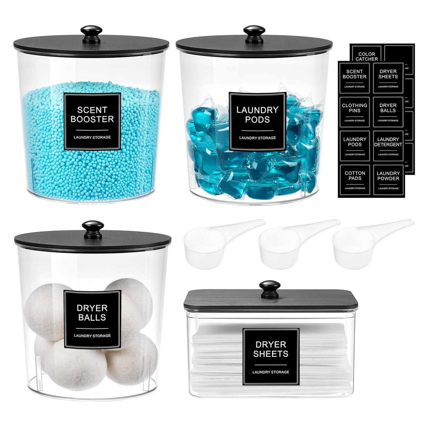 SACIOVEE Laundry Pods Container & Dryer Sheet Holder, Laundry Room Organization and Storage Jars with Lids, Labels & Scoops for Powder Detergent Scent Booster, Black Lid