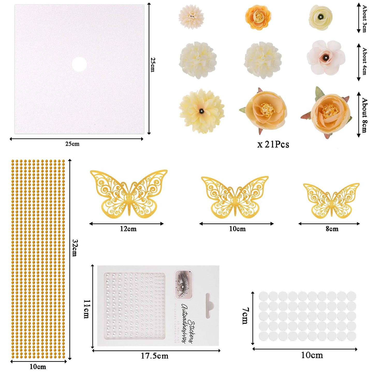 Ywdbzjhs 51 PCS DIY Graduation Grad Cap Decoration Kit - 12 Cream Construction Paper with Artificial Flower Heads 3D Butterfly Pearl Adhesive Dots Rhinestone Stickers for DIY Grad Hat Topper(White)