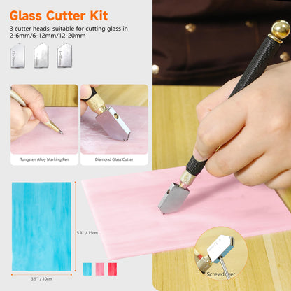 PP OPOUNT Stained Glass Kit for Beginners & Adults, Complete Stained Glass Making Kit with 100W Adjustable Soldering Iron, Glass Cutting Tools, Diamond Cutter Set & Instructions for DIY Glass Crafts
