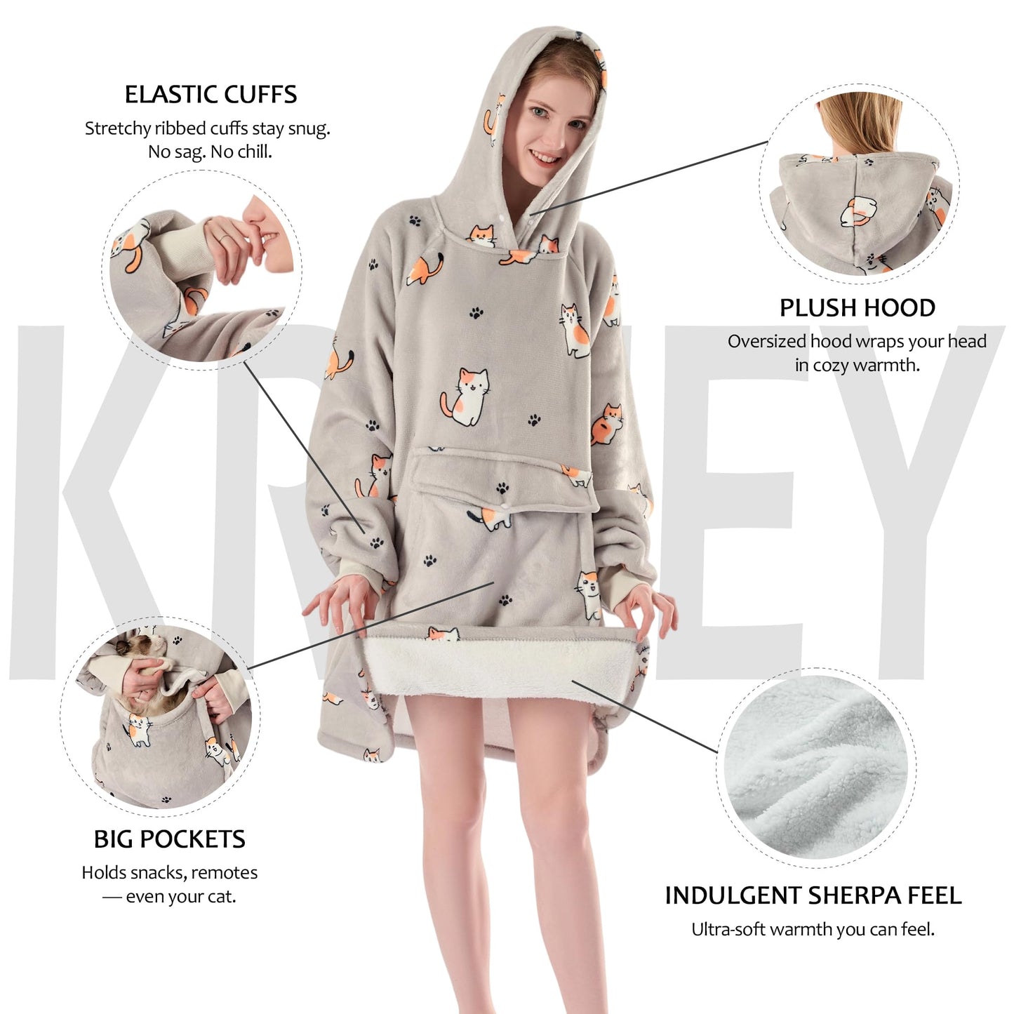 Krifey Wearable Blanket Hoodie, Oversized Sherpa Hooded Blanket for Adults