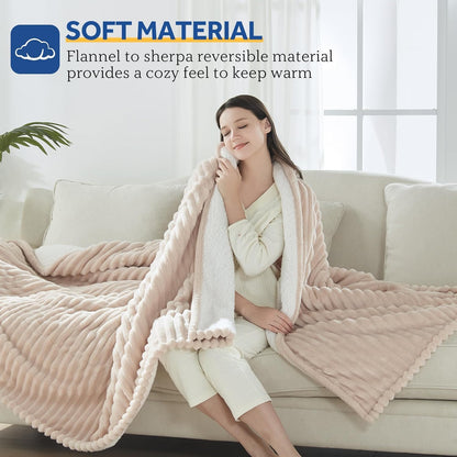 SEALY Electric Blanket Full Size, Soft Ribbed Flannel to Sherpa Reversible Heated Blanket with 10 Heat Settings & 1-12 Hours Auto-Off Overheat Protection, Machine Washable, 72"x84" Beige