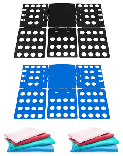 QWORK PP Composite Folding Board, 2 Pack Folding Clothes Board - Black + Blue, One-Hand Operation Laundry Folding Tool, Non-Slip Silicone Buckles, T Shirt Folder, Laundry Folders for All Garments
