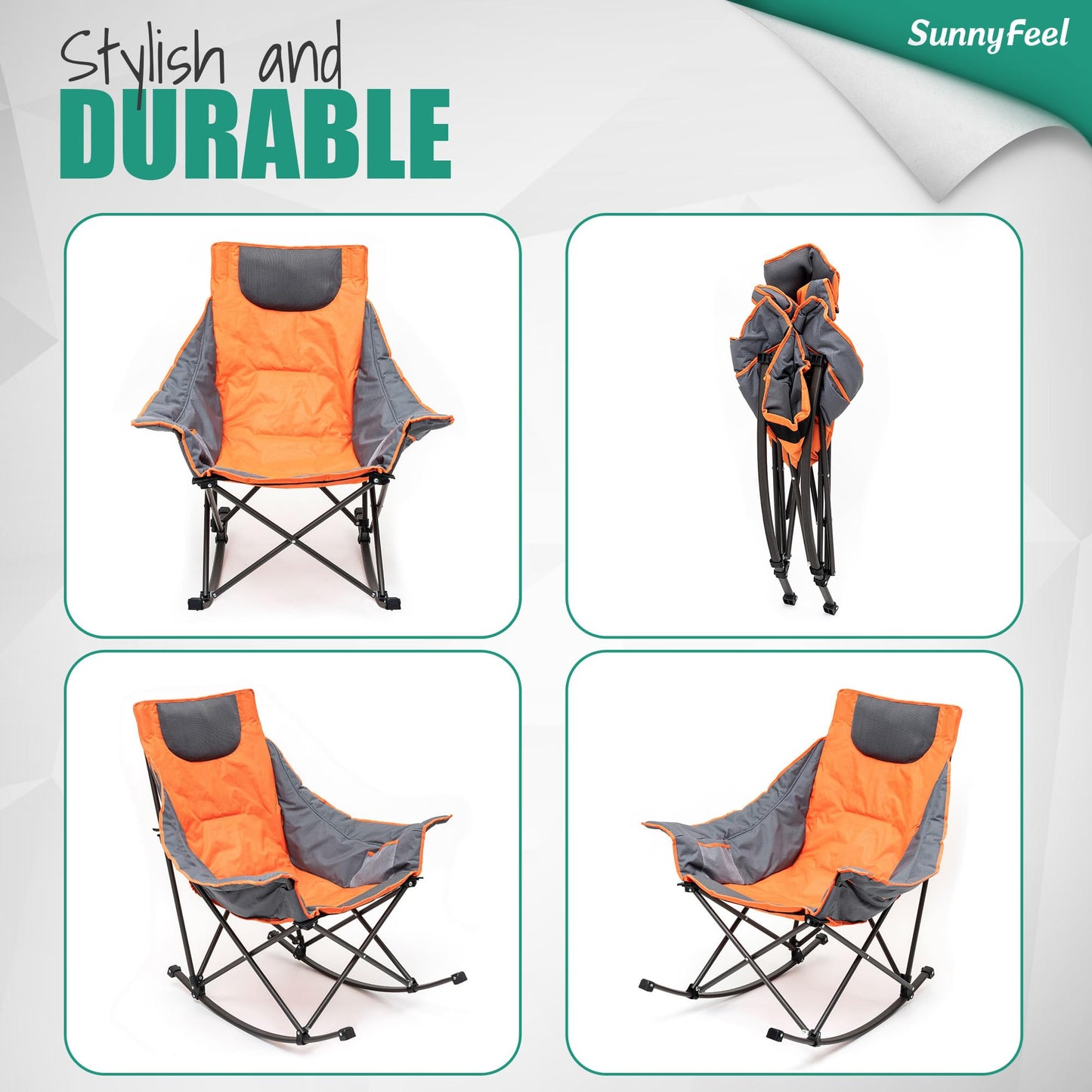 SUNNYFEEL Oversized Heated Camping Chair, Folding Rocking Camping Chairs with Luxury Padded Recliner,Carry Bag, 300 LBS Heavy Duty for Lawn/Outdoor/Picnic/Patio, Portable Rocker Camp Chair
