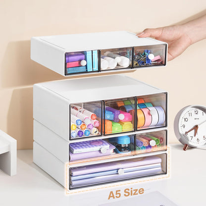 FODIENS Desk Storage Organizer with 9 Drawers, 4 Tiers Stackable Desktop Craft Storage Drawers, Clear Storage Box Caddy for Stationary Makeup Jewelry Office Craft Supplies (White)