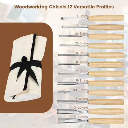 Wood Carving Kit – 12 PCS Professional Wood Carving Tools Set with Mallet & Canvas Case, Pre-Sharpened CR-V 60 Steel Gouges and Chisels for Whittling, Spoon Carving, Beginners & Professionals
