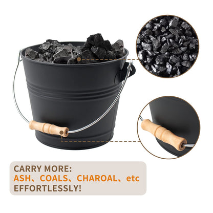 Poofzy Ash Bucket with Lid, Small Fireplace Ash Bucket with Lid and Shovel, 1.3 Gallon Metal Bucket for Fireplace with Hand Broom and Gloves, Fireplace Bucket for Ashes for Wood Stove and Fire Pit