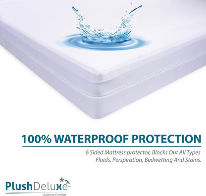 PlushDeluxe Waterproof Mattress Encasement - Soft Cotton Terry Surface | Fits 9"-12" Deep Twin 39x75