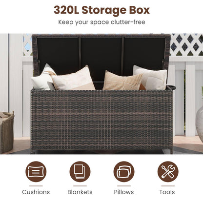 TANGZON 320L Garden Deck Box, Patio Cabinet Container with Polyester Liner, Universal Wheels & Gas Strut, Indoor Outdoor Storage Box for Pillows, Cushions & Tools (with Regularly-Woven Rattan, Brown)