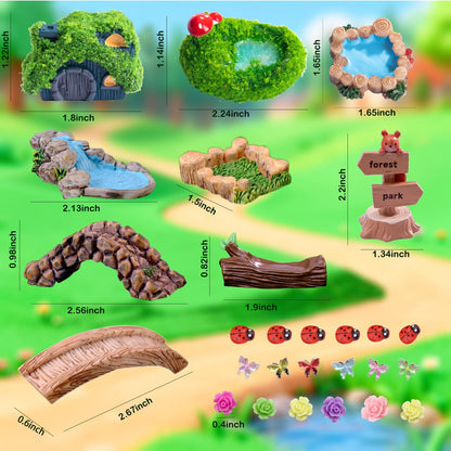 U-Zimikee 45 Pcs Resin Mini Garden Accessories - Miniature Landscape Decorations with Mini Bridge Pond Mountain House Figurines Swan Ladybug Butterfly Flower Figures Bulk for Dollhouse Garden Craft
