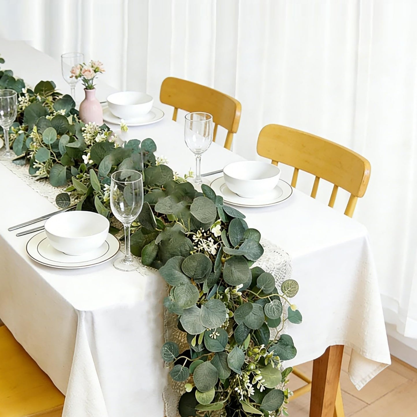 YNHFIFI 4Pcs Eucalyptus Garland, 6FT Green Garland with Flowers, Artificial Faux Greenery Vines for Wedding Party Table Centerpieces Runner Room Home Mantle Decor