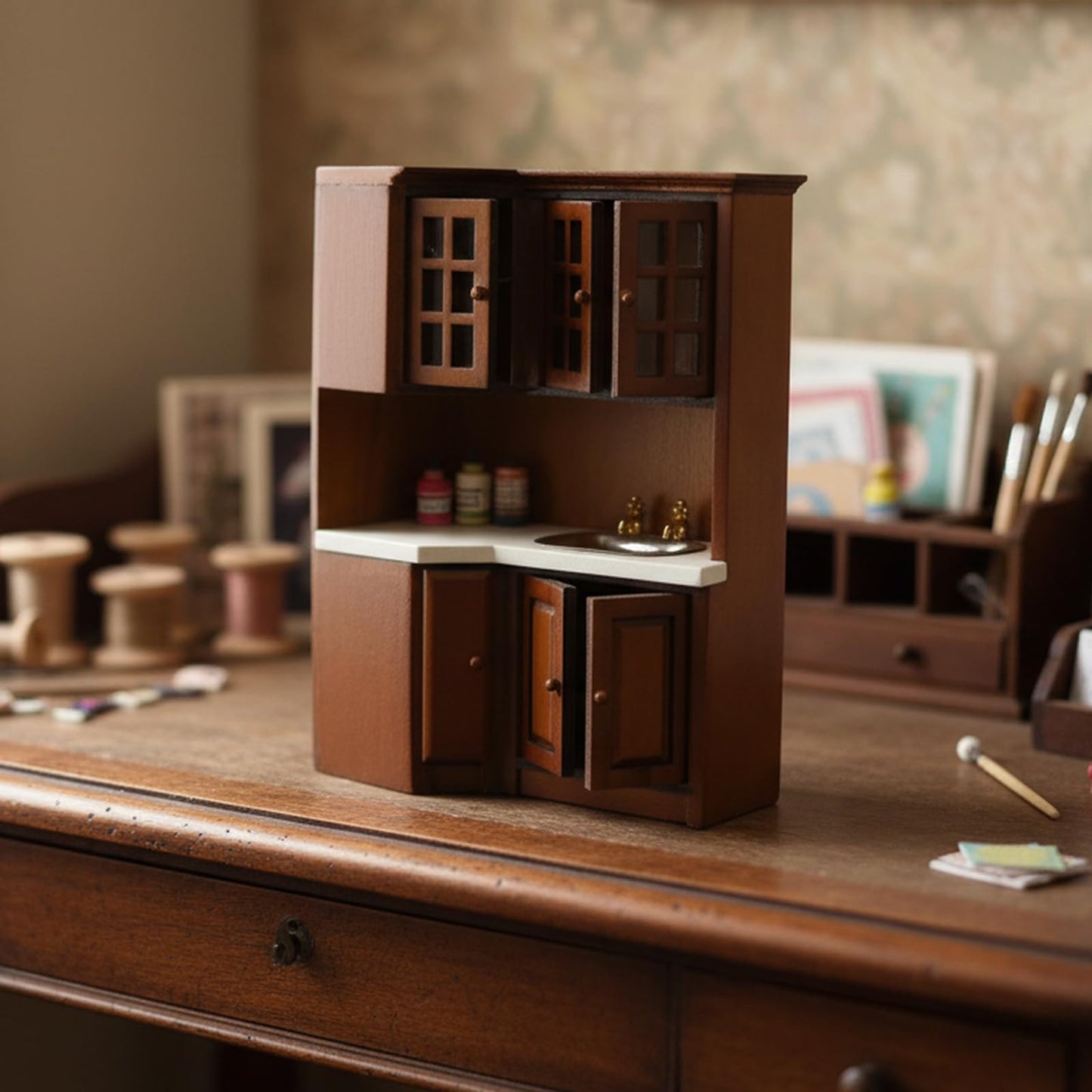 Dollhouse Kitchen Cabinets 1 12 Scale Miniature Furniture Mini House Furniture Accessories Furnishings Decoration Present for Miniature Collectors (Brown)