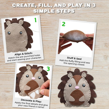 DeFieltro Sewing Kit for Kids - DIY Forest Animals Kids Sewing Kit for Beginners Ages 7-12, Educational Craft Kits with 7 Felt Figures, Safe Plastic Needles and Accessories