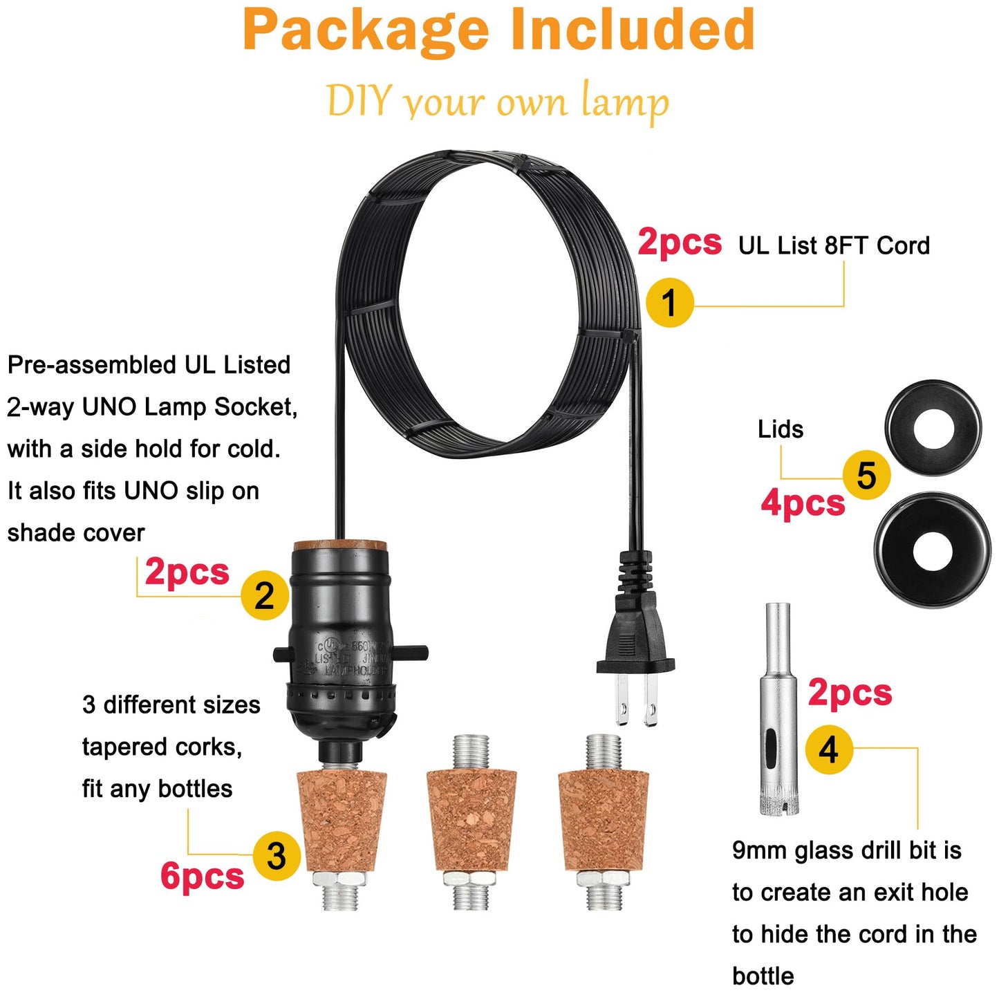 ACBungji 2 Sets Bottle Lamp Kit for Liquor Bottle, DIY Wine Bottle Lamp Kit To Do It Yourself, Lamp Parts Kit Including 8 FT Lamp Cord with Lamp Socket, 3 Size Tapper Cork, 9mm Glass Drill Bit and Lid