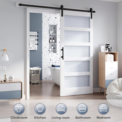 ROYMELO 36x84 Inch Glass Sliding Barn Door Slab and 6.6ft Hardware Kit Included, 5 Frosted Glass, LVL Wood Panel Covered with White Water-Proof Scratch-Proof PVC Surface, Simple DIY Assembly