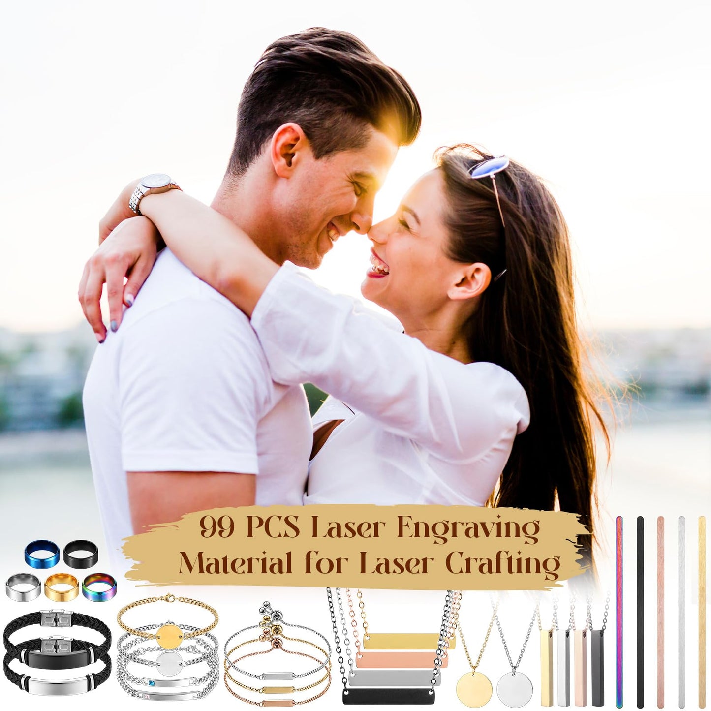 Quelay 99 Pcs Laser Engraving Materials Bulk Include 46 Jewelry Making Engraving Accessories Kit Necklace Bracelet Ring Keychain with Laser Marking Paper for Laser Engraver DIY Crafting Supplies