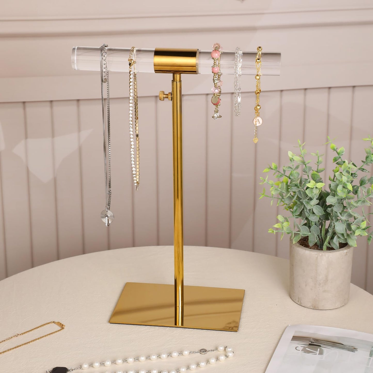 MCKECHSION Jewelry Display Stand 2 Packs Stainless Steel Purse Display Stand Acrylic Necklaces Holder Towers Adjustable Height Tabletop Jewelry Organizer for Home Store Boutique