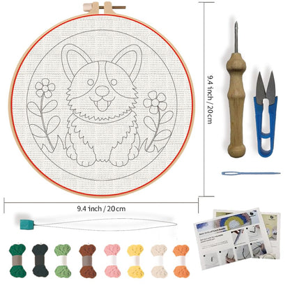 FREEBLOSS DIY Corgi Punch Needle Kit for Beginners Embroidery Punch Needle Starter Craft Set with Instructions Frame Embroidery Kit for Adults Gift Decoration 7.9''/20cm