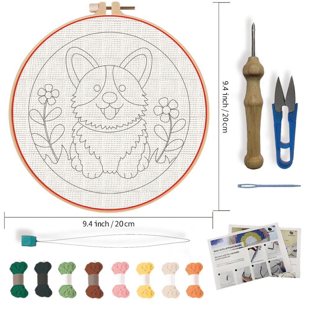 FREEBLOSS DIY Corgi Punch Needle Kit for Beginners Embroidery Punch Needle Starter Craft Set with Instructions Frame Embroidery Kit for Adults Gift Decoration 7.9''/20cm