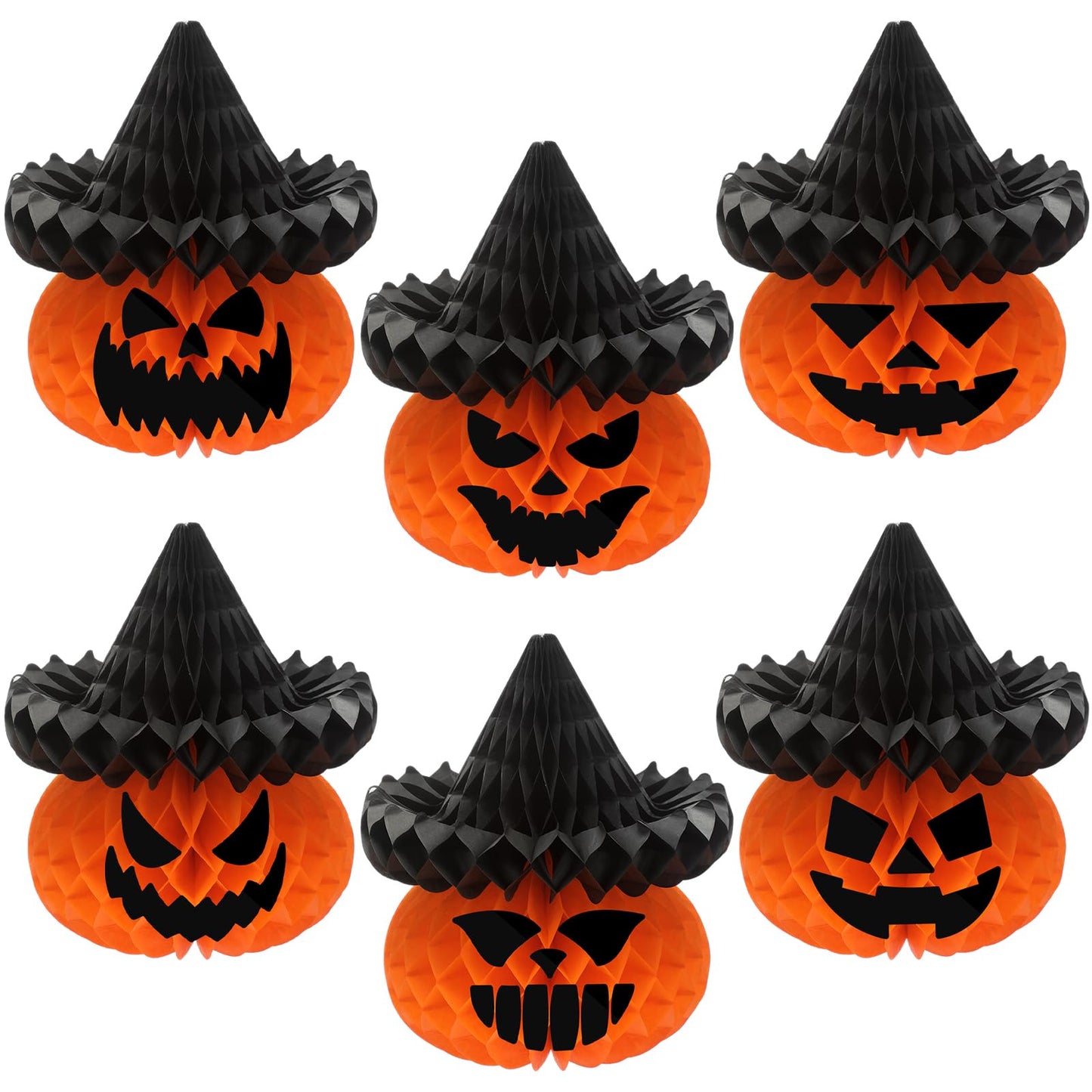 Fourluoo 6 Pcs Large Halloween Pumpkin Witch Hat Honeycomb Centerpieces 9.84 x 11 Inch Thanksgiving Paper Honeycomb Decorations 3D Table Decor for Fall Tailgate Party