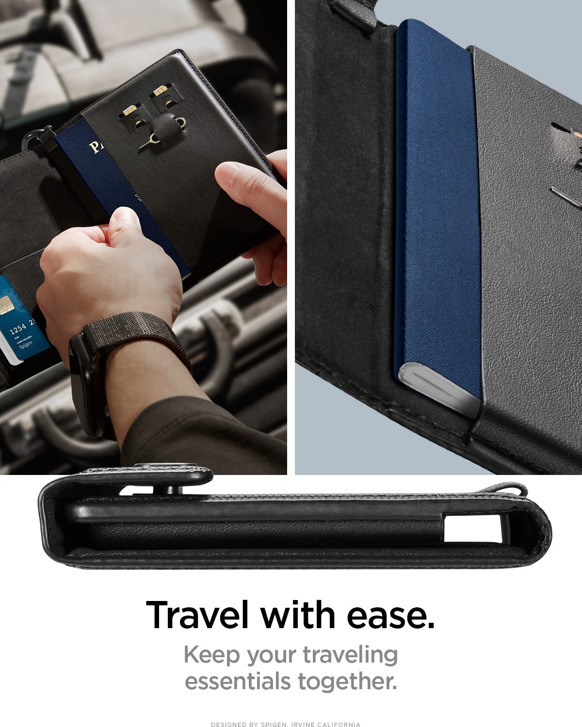 Spigen Life Passport Card Cover Holder Wallet Travel Documents Organizer Protector Accessories with RFID Blocking Technology SIM Card Pin Included - Black