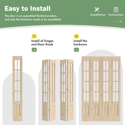 Roymelo Bifold Doors for 48"×80" (Four 12x80) Opening, Clear Glass French Interior Folding Barn Door with Concealed Hardware Kit Included, Spruce Wood Support DIY Dyeing, Preassembled Door, Save Space